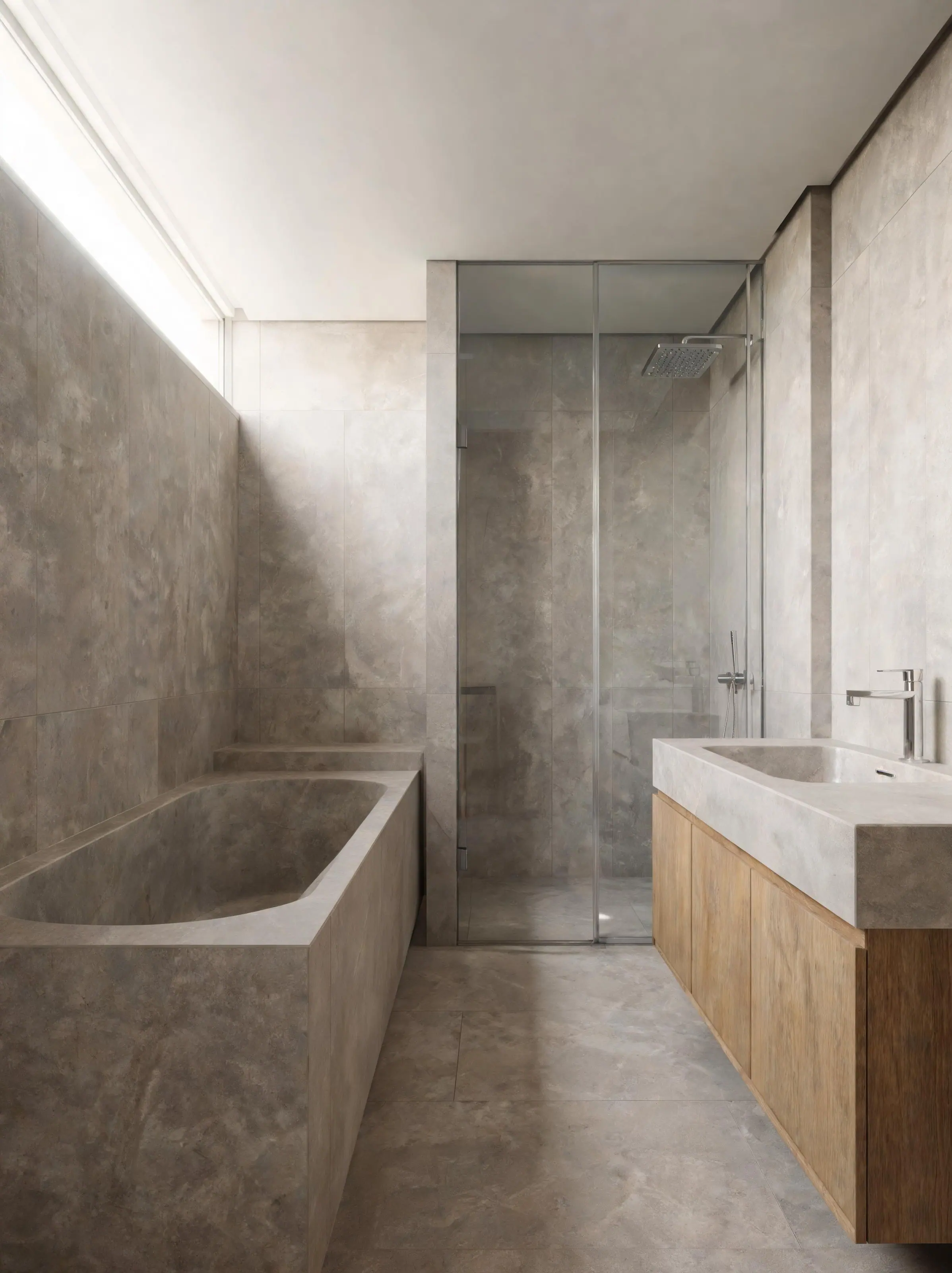 A remodeled bathroom in warm grey stone with a freestanding tub and an oak vanity