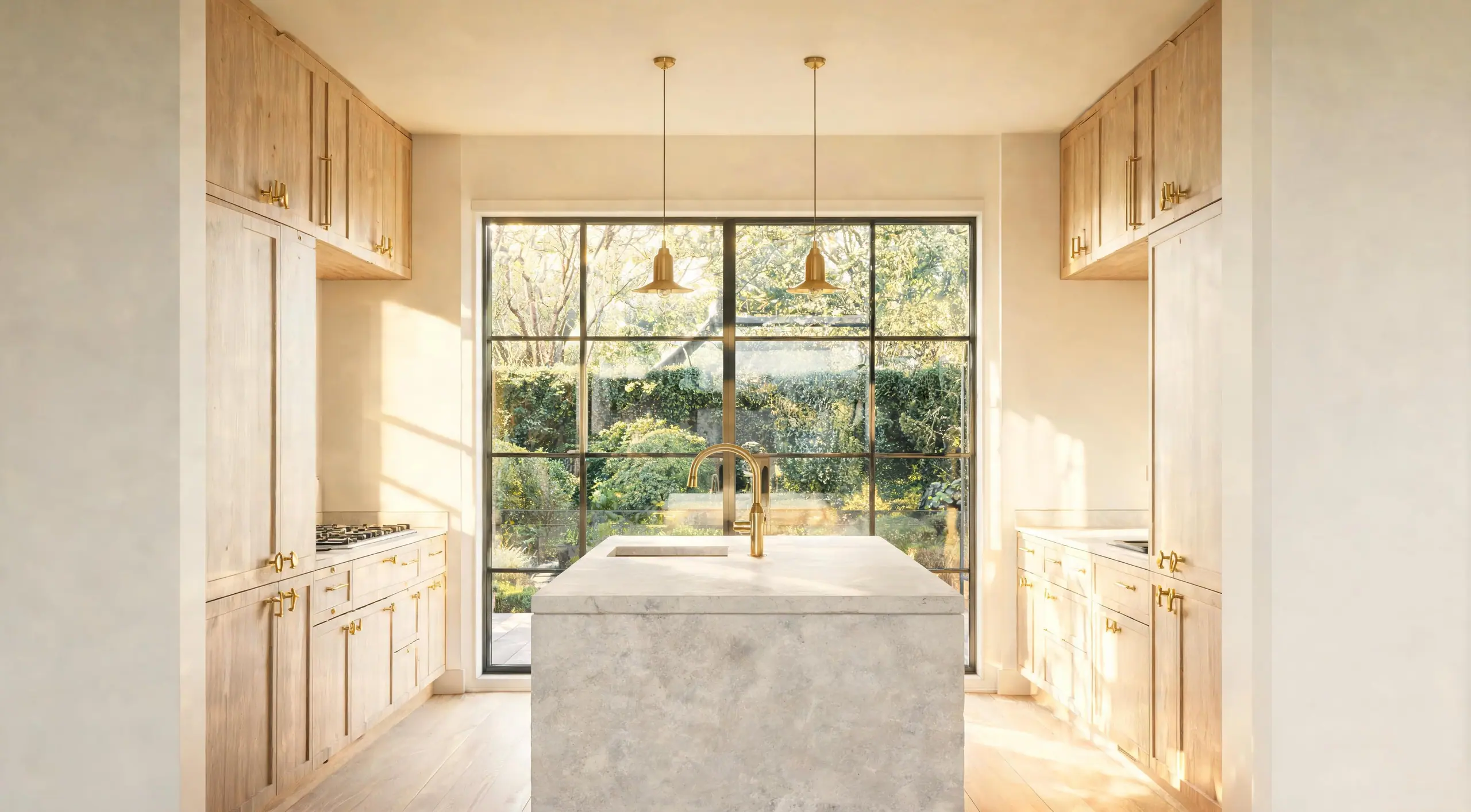 A remodeled kitchen with white oak cabinets, a limestone island, brass fixtures and a steel window