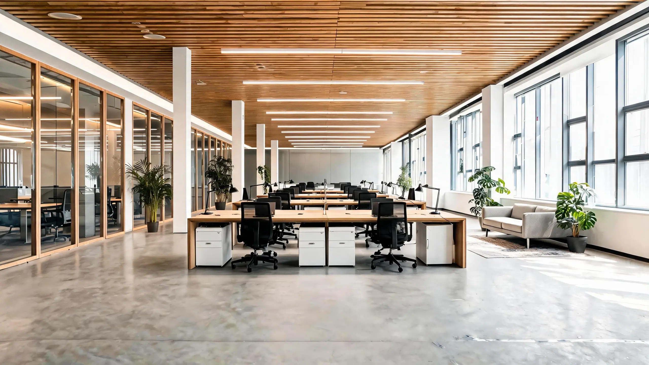 The same office floor finished, with a white oak panel ceiling, rows of oak desks, glass meeting rooms and a lounge by the windows