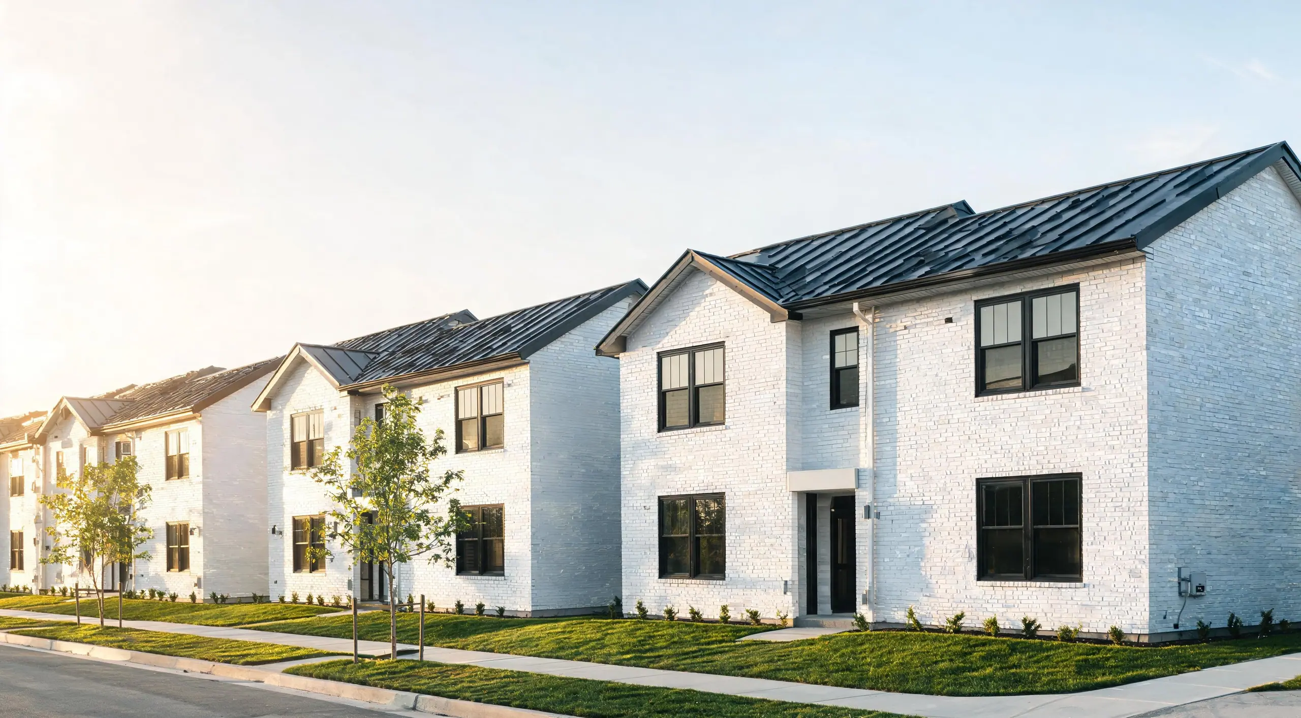 Renovated two-story townhomes with white brick and black metal roofs