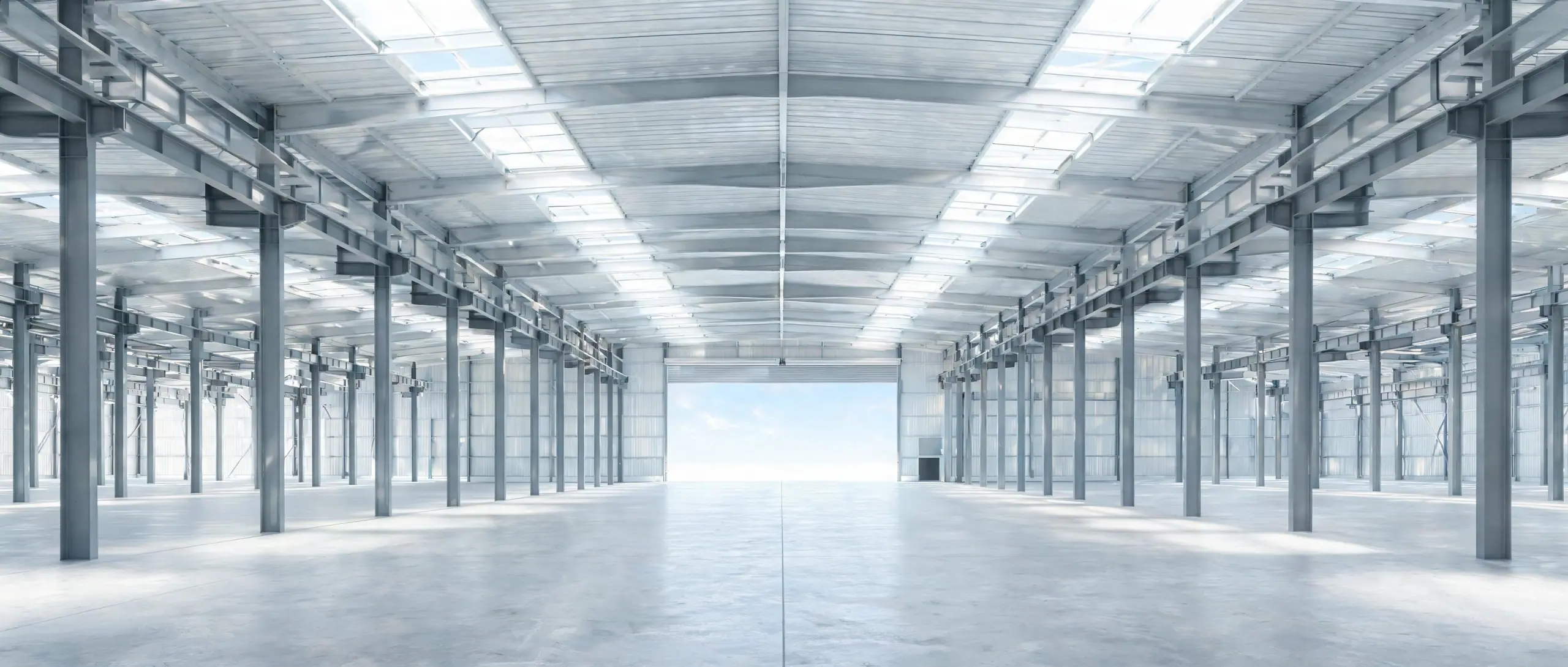 A finished clear-span warehouse with skylights and steel columns